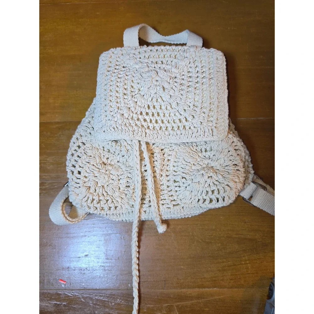 Handmade Crochet Mini Backpack Cream Boho Knit Drawstring Festival Bag Sunflower